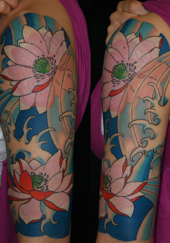 Tattoos - John Biswell - lotus half sleeve / water motif